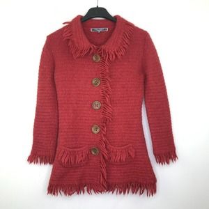 Peru Etnico Women's Small Sweater Red Alpaca Fringe Collared Cardigan BR12
